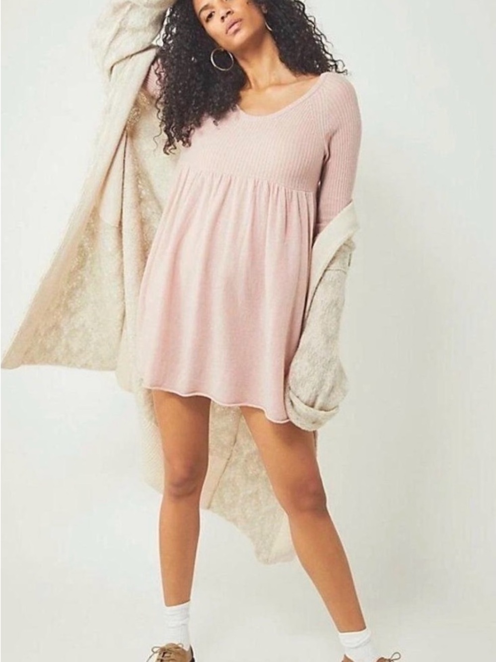 Free People Blush Pink Knit Babydoll Mini Dress
